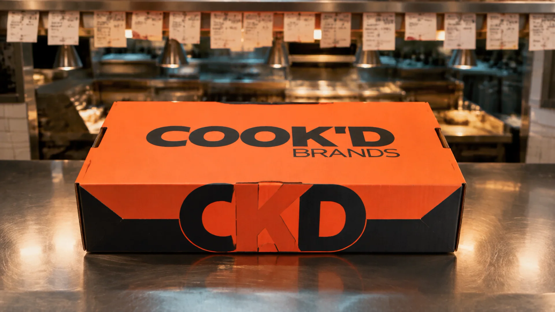 The closed orange Cook'd Lunchbox on a stainless kitchen pass